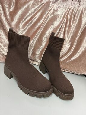 Women’s Brown Knit Sock Booties with Lug Sole